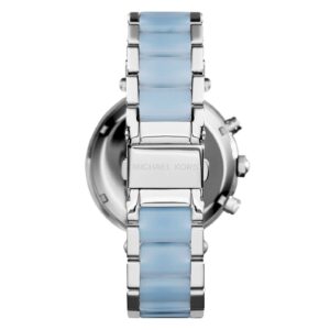 Michael Kors Parker women's watch caseback showing engraved Michael Kors branding