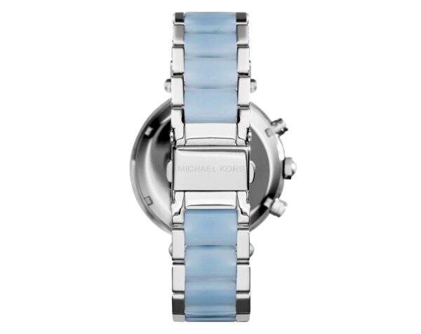 Michael Kors Parker women's watch caseback showing engraved Michael Kors branding