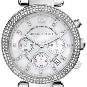 Michael Kors Parker white dial chronograph women's watch with diamond bezel and blue acetate strap