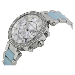 Michael Kors Parker women's chronograph watch worn, white dial with blue and silver bracelet