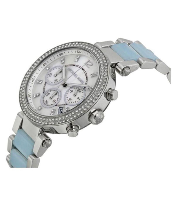 Michael Kors Parker women's chronograph watch worn, white dial with blue and silver bracelet