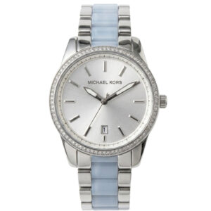 Michael Kors Parker women's watch with silver dial and blue-silver bracelet, front view