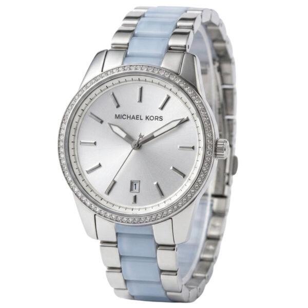 Michael Kors Parker women's watch angled view showing blue-silver two-tone bracelet
