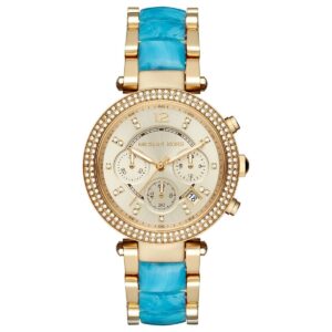 Michael Kors Parker gold-tone chronograph watch with diamond bezel, cream dial, and blue crocodile-embossed strap