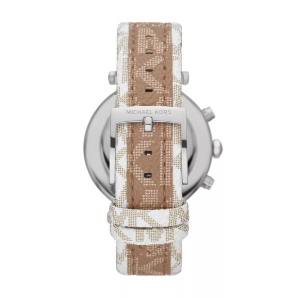 Back case view of Michael Kors Parker watch showing silver case back and brown signature-print PVC leather strap