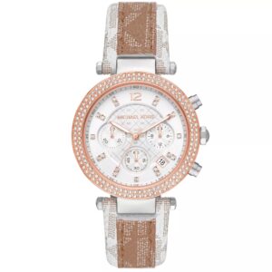 Michael Kors Parker Pavé two-tone women's chronograph watch with rose gold bezel and signature-print strap