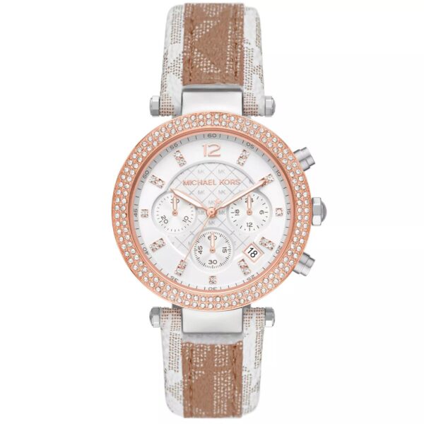 Michael Kors Parker Pavé two-tone women's chronograph watch with rose gold bezel and signature-print strap