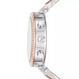 Side profile of Michael Kors Parker watch showing rose gold bezel, silver case, and multi-function chronograph pushers