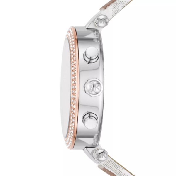 Side profile of Michael Kors Parker watch showing rose gold bezel, silver case, and multi-function chronograph pushers