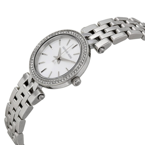 Michael Kors Petite Darci watch with silver stainless steel bracelet at angle
