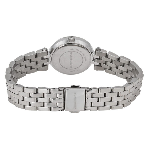Michael Kors Petite Darci caseback showing stainless steel with bracelet
