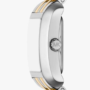 Angle view of Michael Kors Petite Emery watch case and two-tone bracelet detail