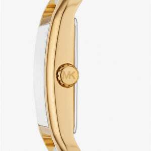 Side view of Michael Kors Petite watch showing gold-tone case profile and white leather strap