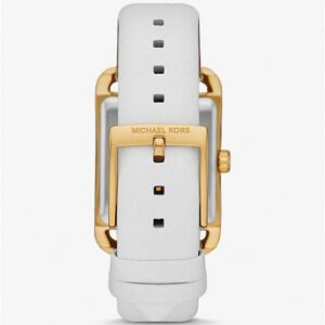 Top-down view of Michael Kors Petite watch with white leather strap and gold-tone buckle