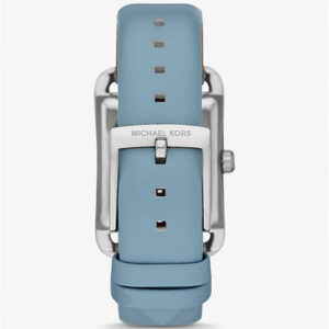 Blue leather strap back view showing silver-tone case and Michael Kors branding