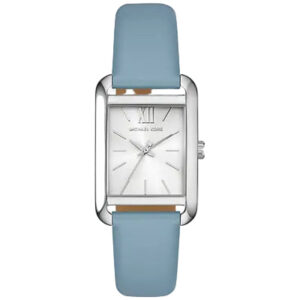 Michael Kors Petite Monroe silver-tone watch with rectangular case, white dial, and blue leather strap
