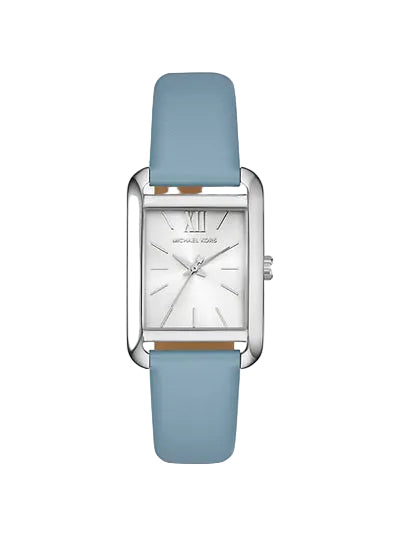 Michael Kors Petite Monroe silver-tone watch with rectangular case, white dial, and blue leather strap
