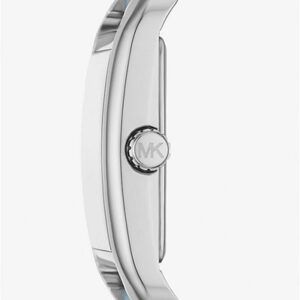 Side profile of silver-tone rectangular case with blue leather strap and MK logo