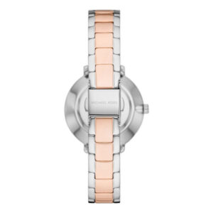 Michael Kors Pyper MK1066 caseback view showing stainless steel back with two-tone strap