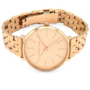 Michael Kors Pyper rose gold watch shown from top with bracelet fully extended