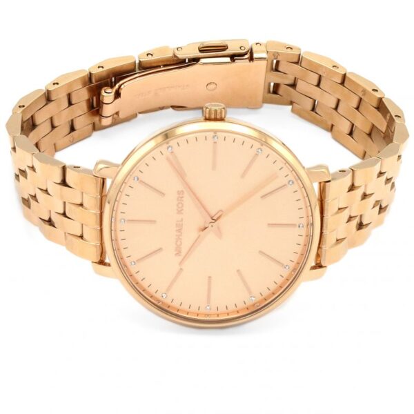 Michael Kors Pyper rose gold watch shown from top with bracelet fully extended