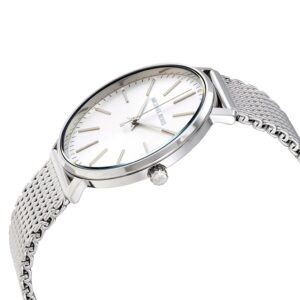 Michael Kors Pyper watch angled view showing silver mesh band and dial