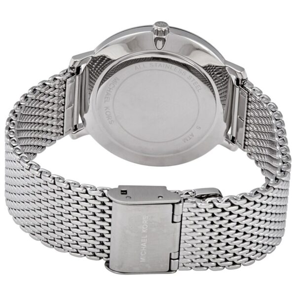 Michael Kors Pyper watch caseback showing stainless steel case and mesh strap