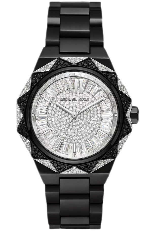 Michael Kors Raquel MK4692 black-tone watch with silver pavé dial and black stainless steel bracelet