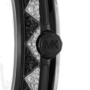 Side view of Michael Kors Raquel MK4692 showing black-tone case profile and stainless steel bracelet