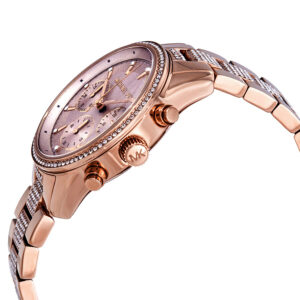 Side angle view of Michael Kors Ritz chronograph showing rose gold-tone case, crystal band detail, and chronograph pushers