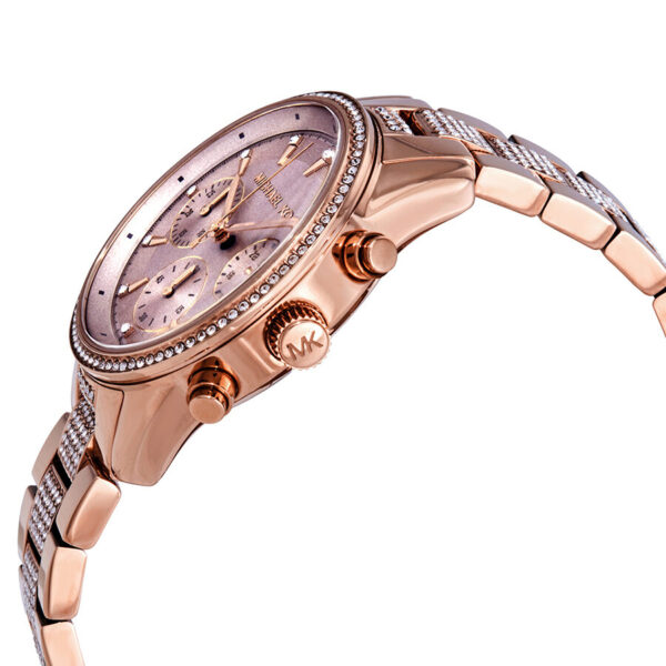 Side angle view of Michael Kors Ritz chronograph showing rose gold-tone case, crystal band detail, and chronograph pushers