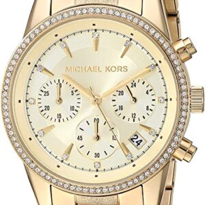 Michael Kors Ritz chronograph watch with gold tone bracelet, crystal bezel, and three subdials