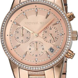 Michael Kors Ritz rose gold chronograph watch with crystal bezel and mixed metal bracelet