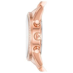 Michael Kors Ritz watch side view showing rose gold case with crystal-set bezel and pushers