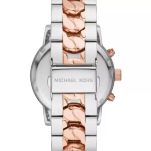 Michael Kors Ritz chronograph watch rear view showing rose gold and silver two-tone bracelet