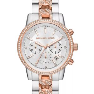Michael Kors Ritz chronograph watch with white crystal dial and two-tone rose gold silver bracelet