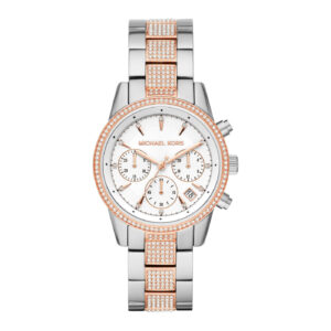 Michael Kors Ritz two-tone chronograph watch with white dial and pavé bezel