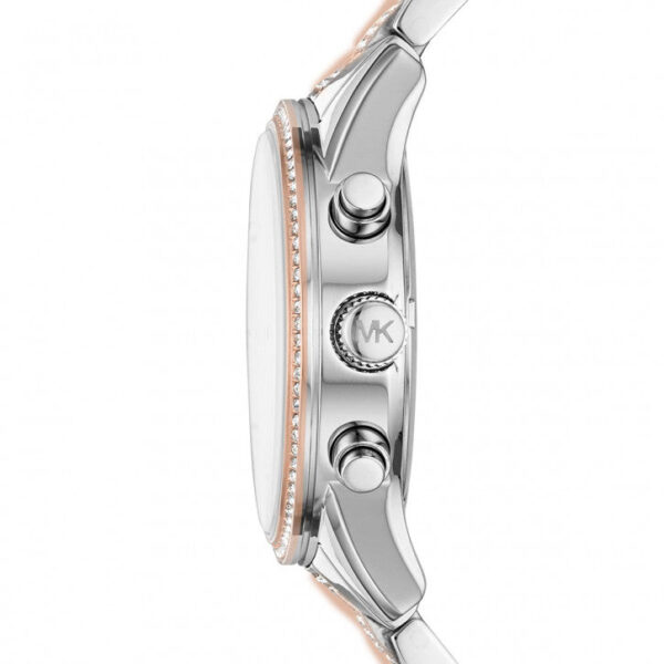 Side view of Michael Kors Ritz watch showing chronograph pushers and MK logo