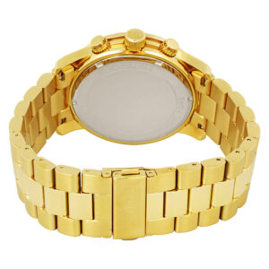 Caseback view of Michael Kors Runway Chronograph watch showing gold-tone stainless steel bracelet