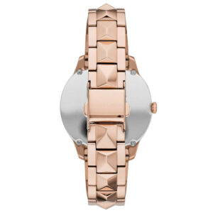 Back view of Michael Kors Runway Mercer watch with caseback and rose gold pyramid stud bracelet