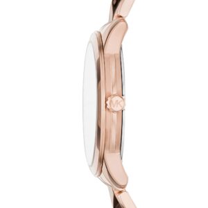 Side profile view of Michael Kors Runway Mercer watch showing rose gold case and stud bracelet