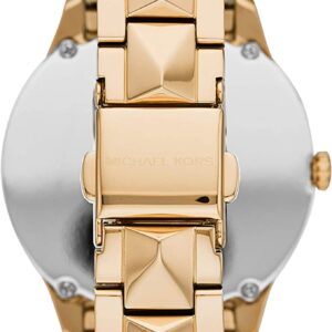 Caseback view of Michael Kors Runway Mercer watch with gold studded bracelet