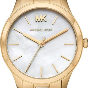 Michael Kors Runway Mercer women's watch with white dial, gold case, and studded bracelet