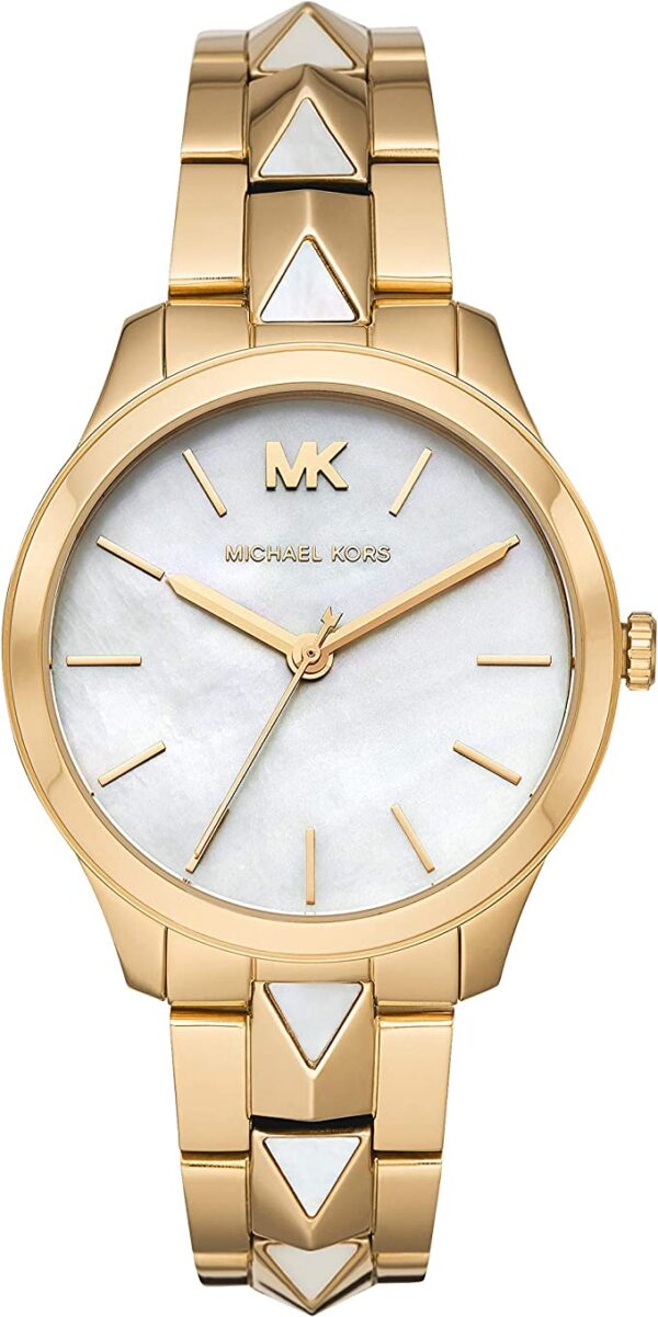 Michael Kors Runway Mercer women's watch with white dial, gold case, and studded bracelet