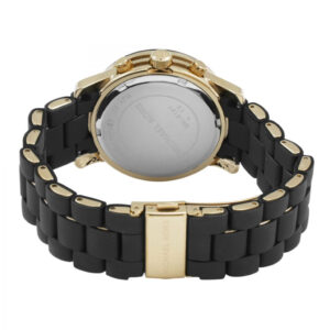 Michael Kors Runway MK5191 watch showing dial and black rubber strap with gold accents
