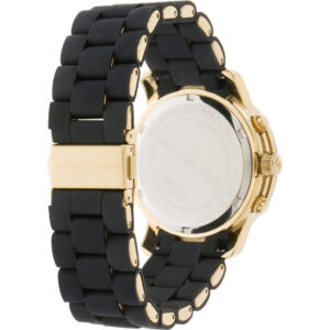 Caseback of Michael Kors Runway MK5191 watch showing black rubber strap with gold hardware