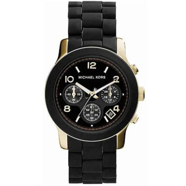 Michael Kors Runway Chronograph watch with black dial, gold-tone case and black rubber strap
