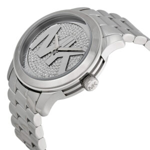 Michael Kors Runway watch at angle showing crystal pave dial and silver bracelet