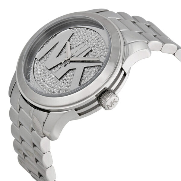 Michael Kors Runway watch at angle showing crystal pave dial and silver bracelet