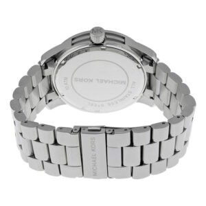 Michael Kors Runway watch caseback showing silver-tone stainless steel and Michael Kors branding